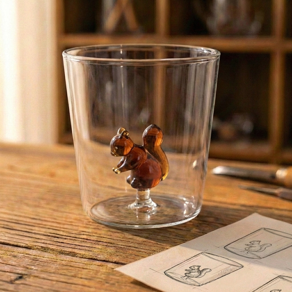 Amber Squirrel Figure Double Wall Glass