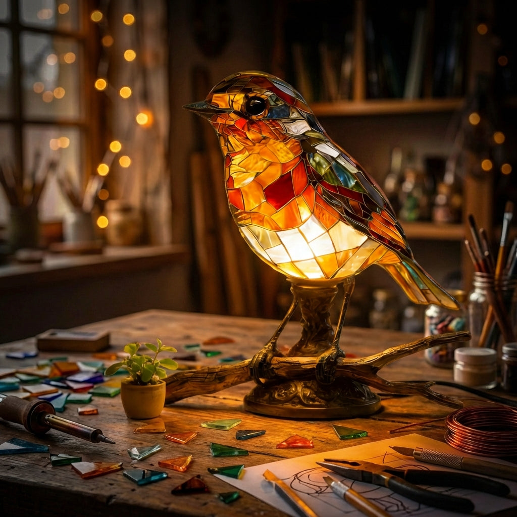 Robin in branch lamp