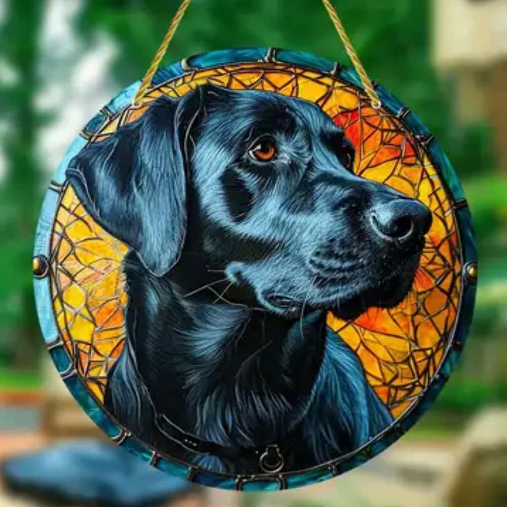 Black Lab Dog Circle Portrait Suncatcher