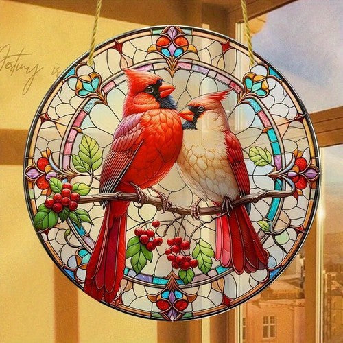 Cardinal Pair Suncatcher   Berry Wreath Stained Glass