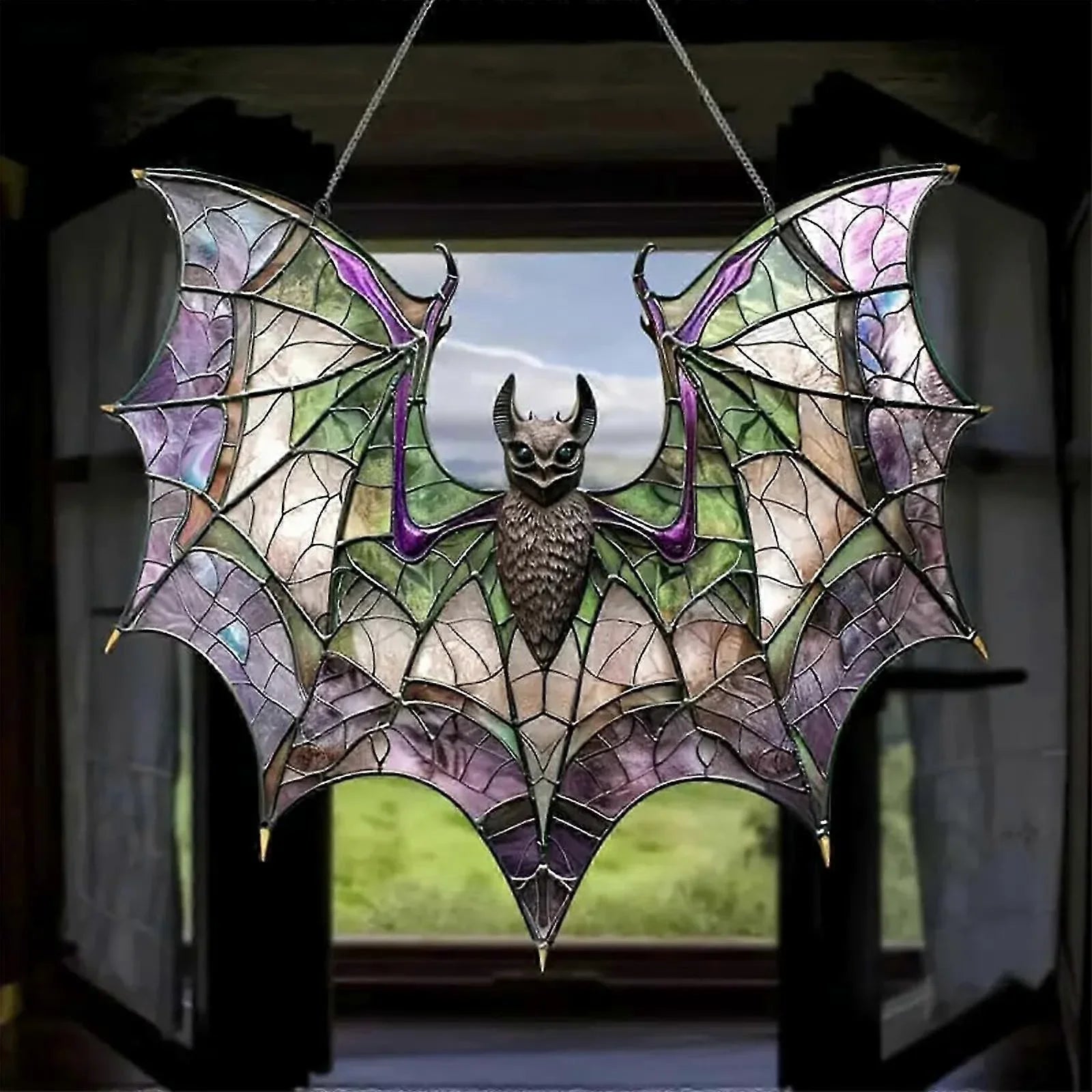 Gothic Bat Suncatcher   Iridescent Purple & Green Wings