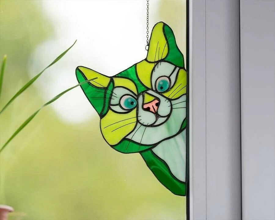Green Tabby Cat Window Hanging