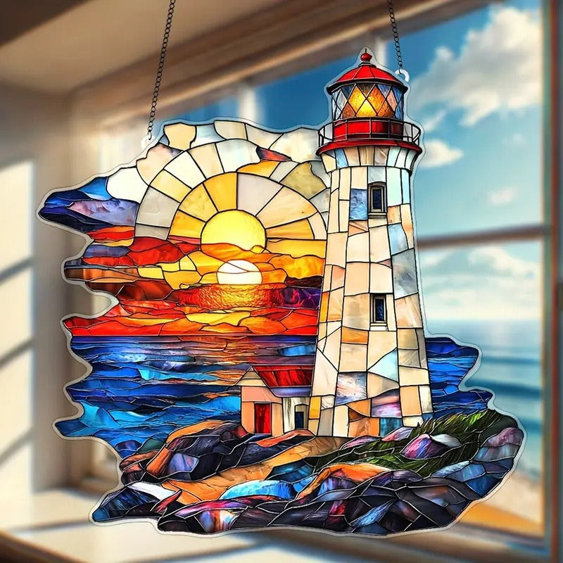 Lighthouse Sunset Ocean Suncatcher