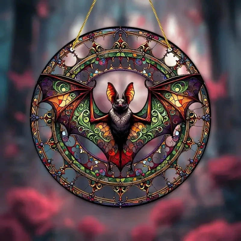 Ornate Bat Medallion Suncatcher   Colorful Stained Glass