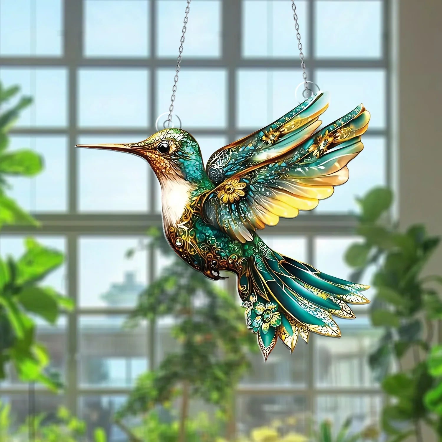 Ornate Hummingbird Suncatcher   Teal & Gold Filigree