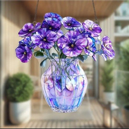 Purple Pansy Vase Bouquet Suncatcher