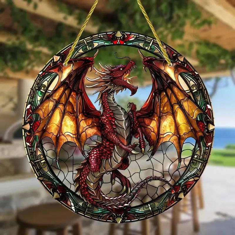 Red Dragon Circle Suncatcher   Medieval Stained Glass