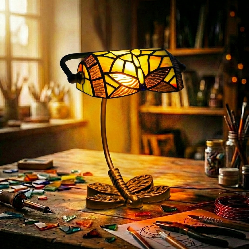 Stained Glass Bee Banker'S Lamp   Amber & Yellow