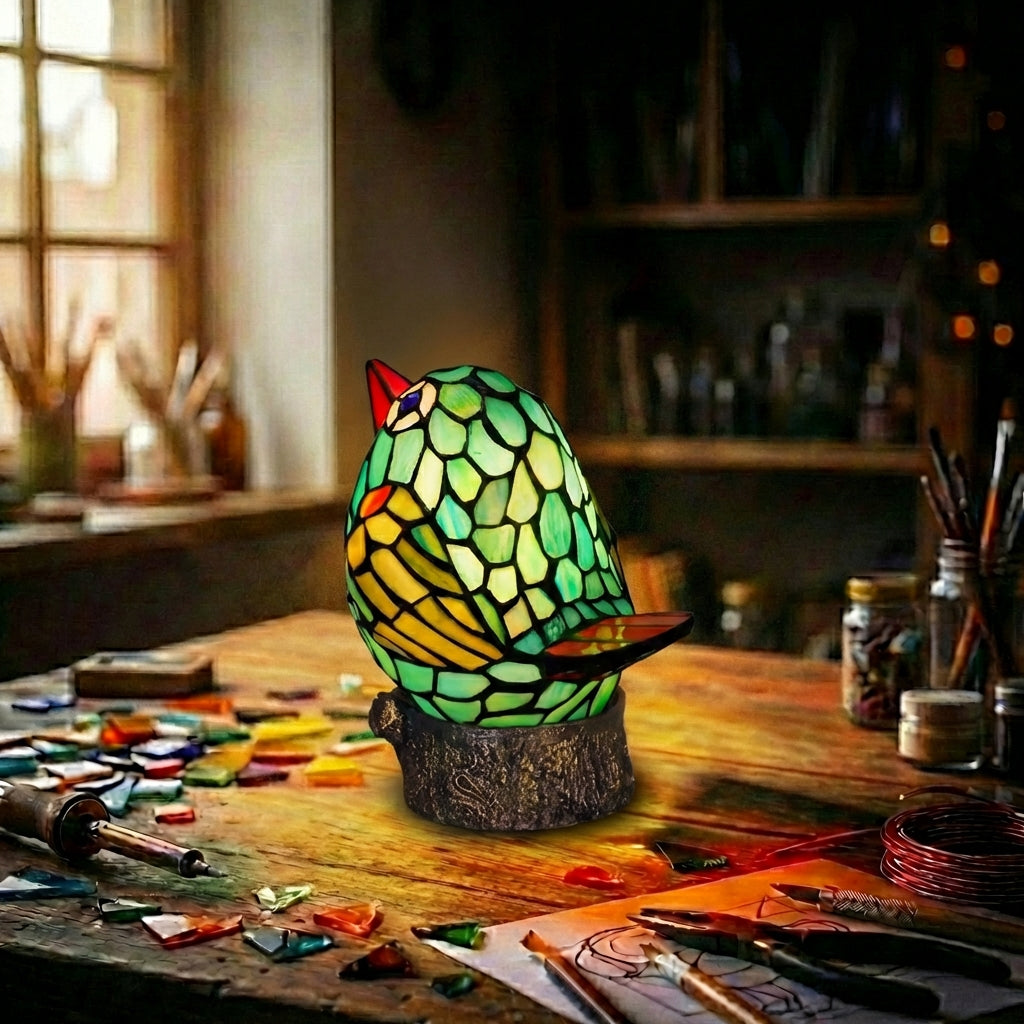 Stained Glass Bird Table Lamp   Green & Yellow
