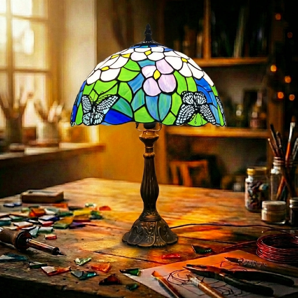 Stained Glass Butterfly & Flower Table Lamp   Green & Blue