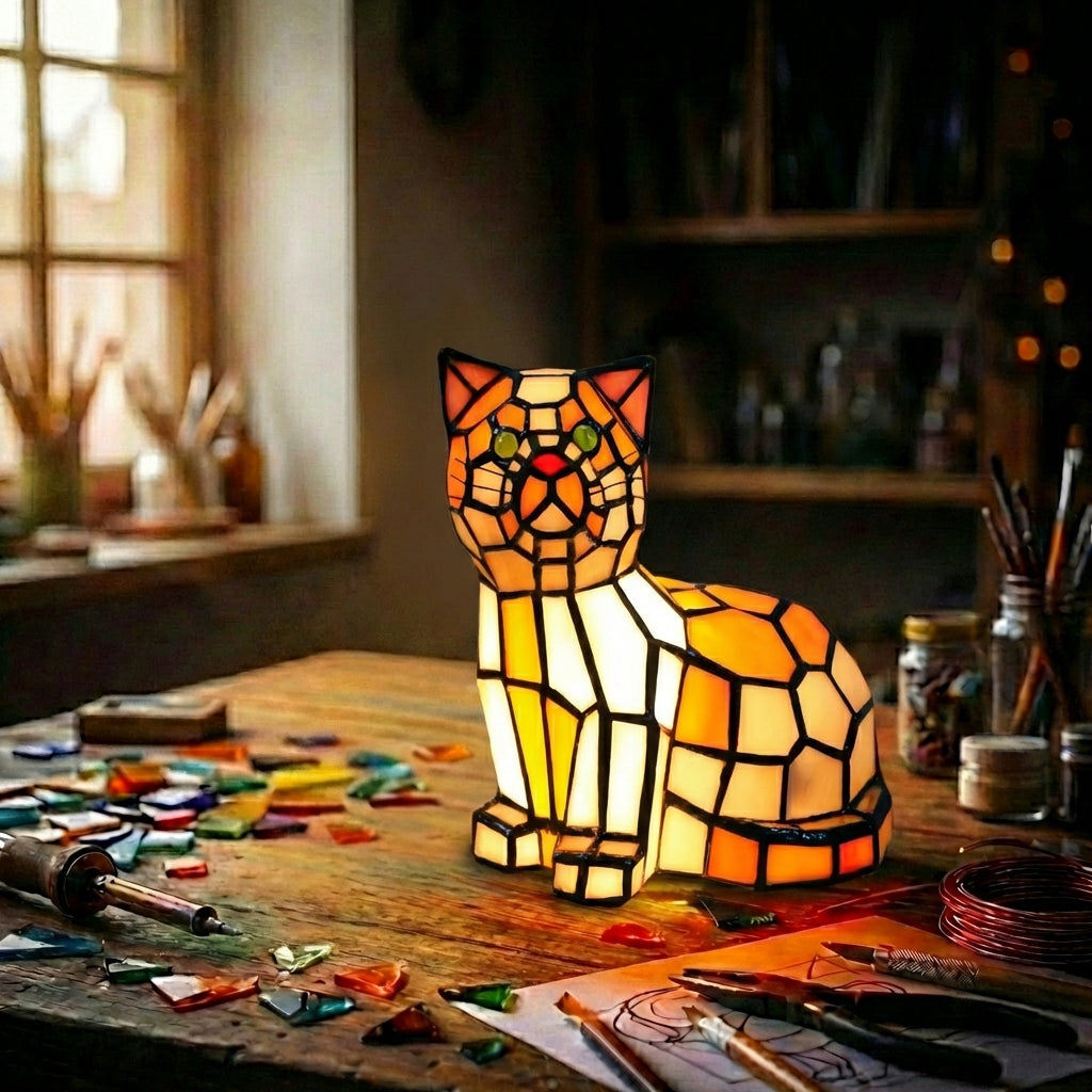 Stained Glass Cat Accent Lamp   Orange Mosaic