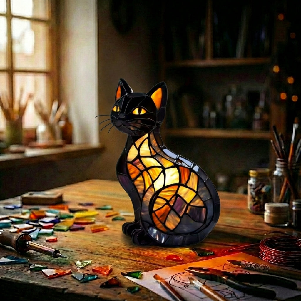 Stained Glass Cat Figurine Lamp   Black & Amber