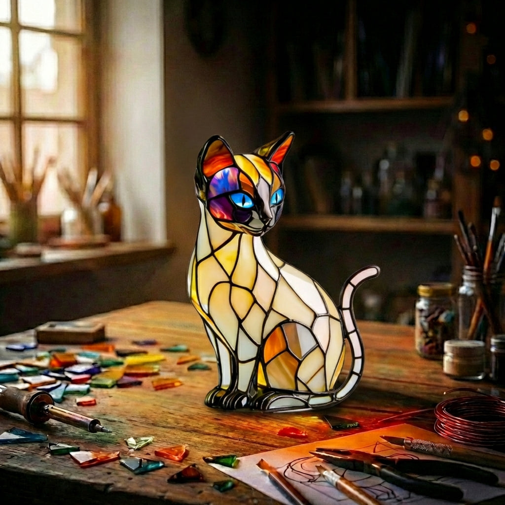 Stained Glass Cat Figurine Lamp   Cream & Orange