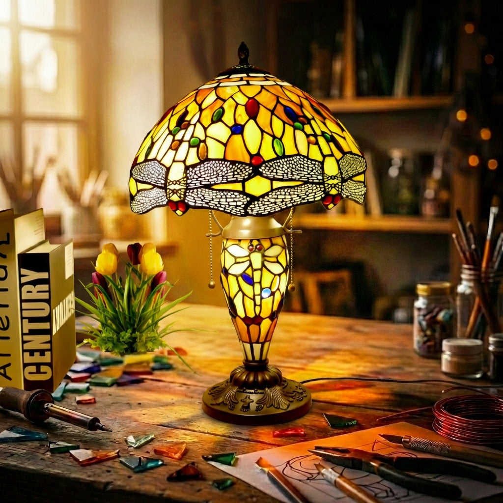Stained Glass Double Dragonfly Table Lamp   Yellow