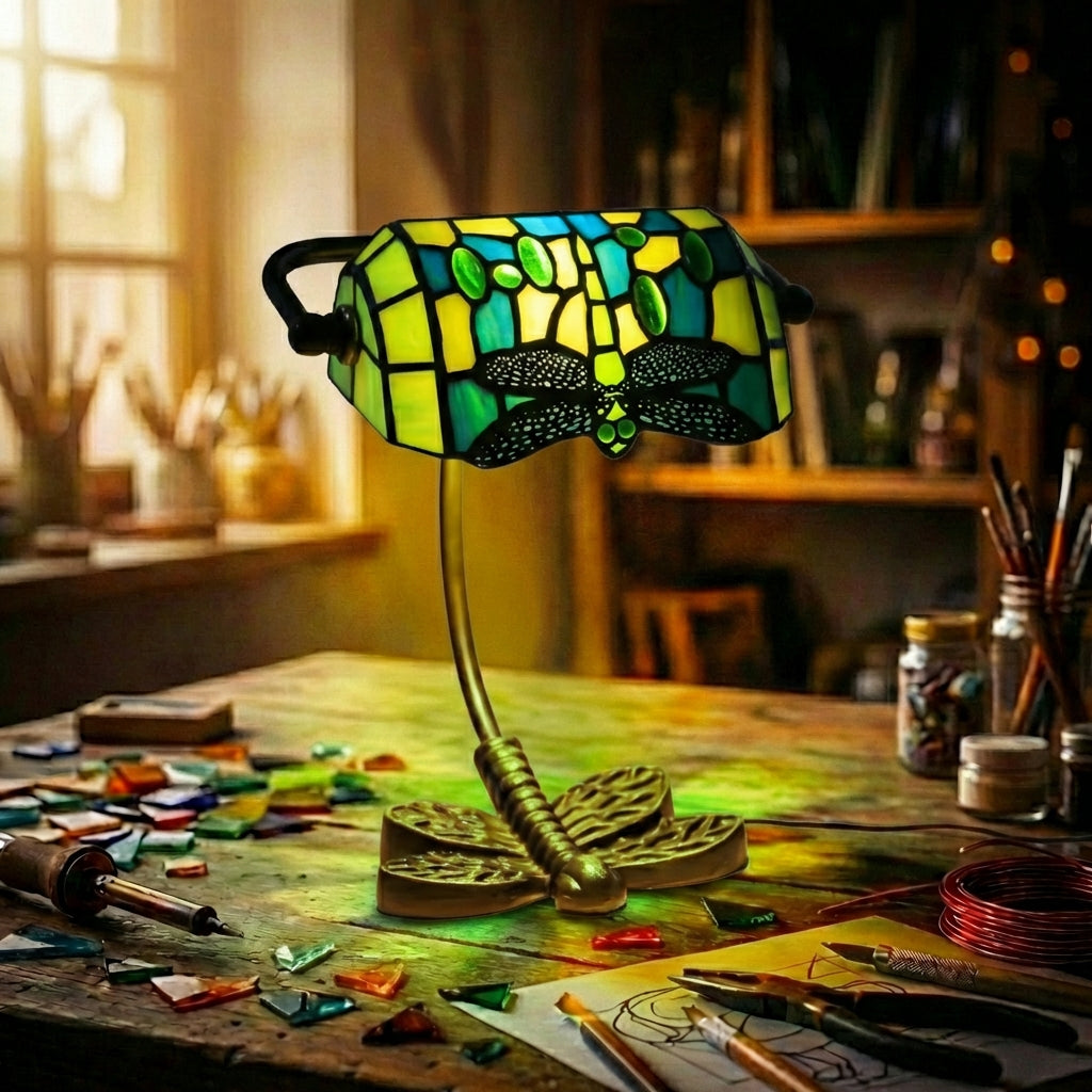 Stained Glass Dragonfly Banker'S Lamp   Green & Teal