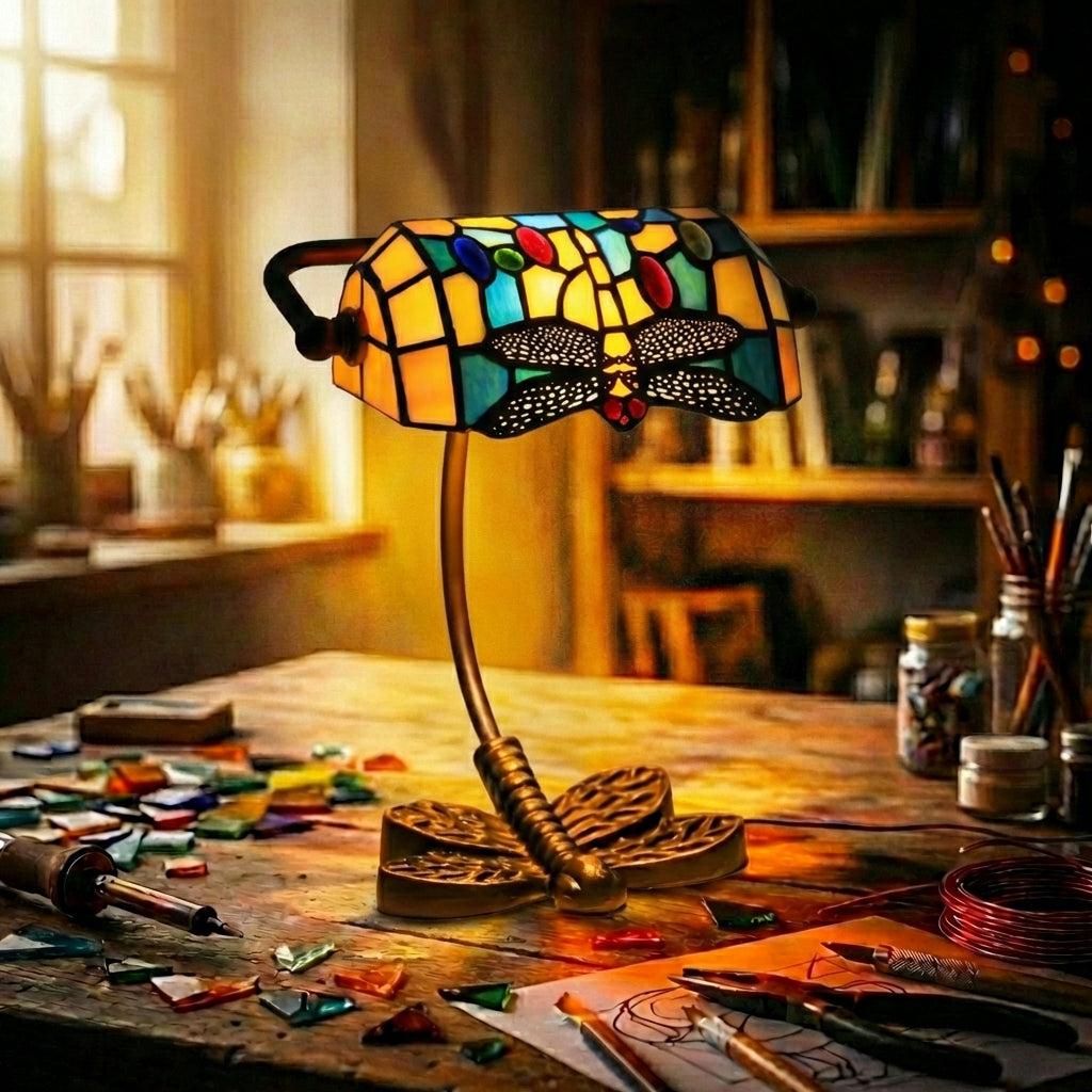 Stained Glass Dragonfly Banker'S Lamp   Multicolor