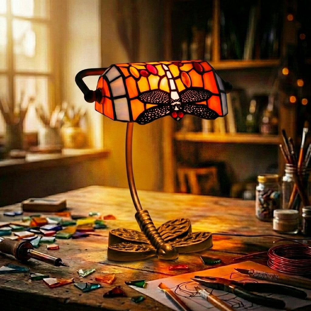 Stained Glass Dragonfly Banker'S Lamp   Orange