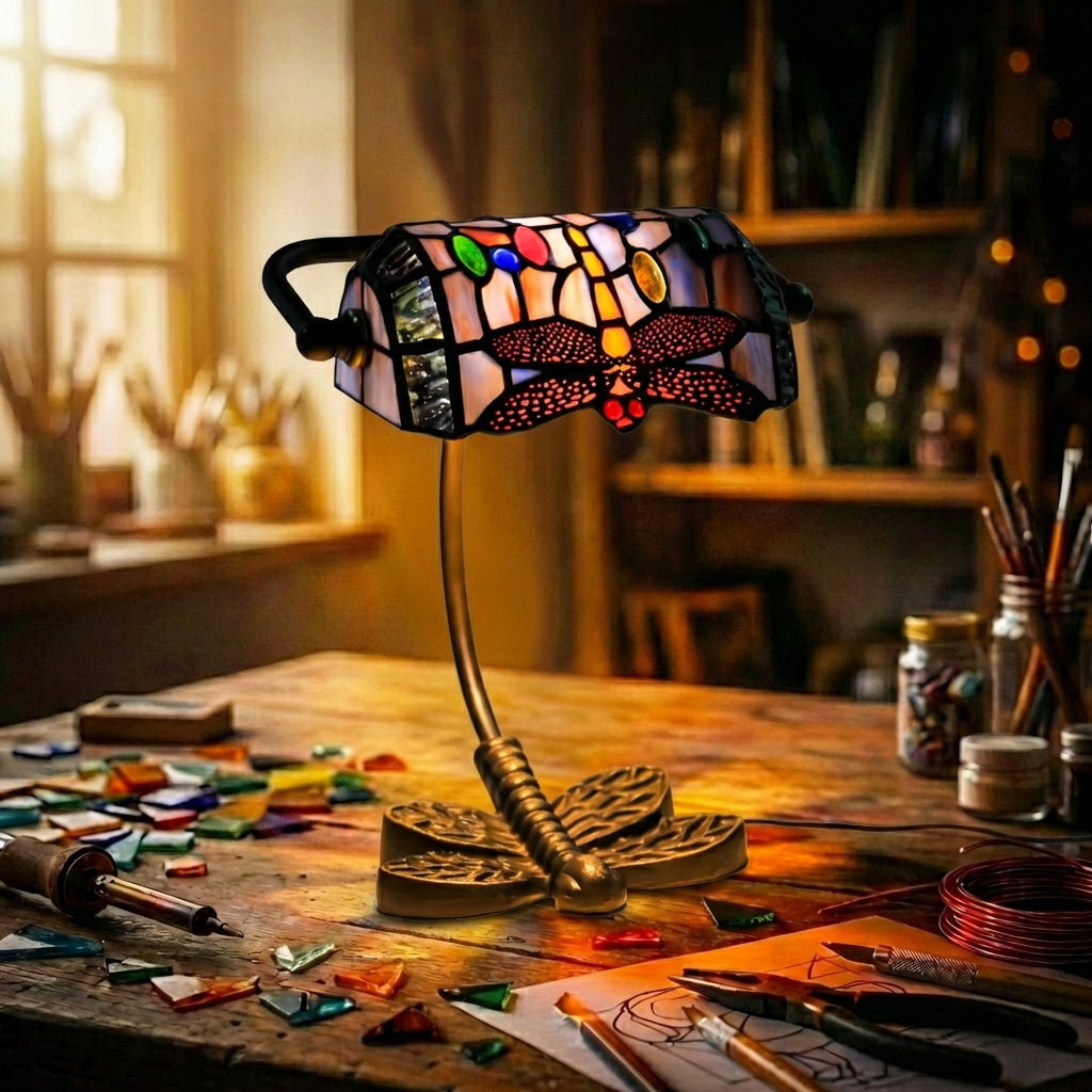 Stained Glass Dragonfly Banker'S Lamp   Pink & Multicolor