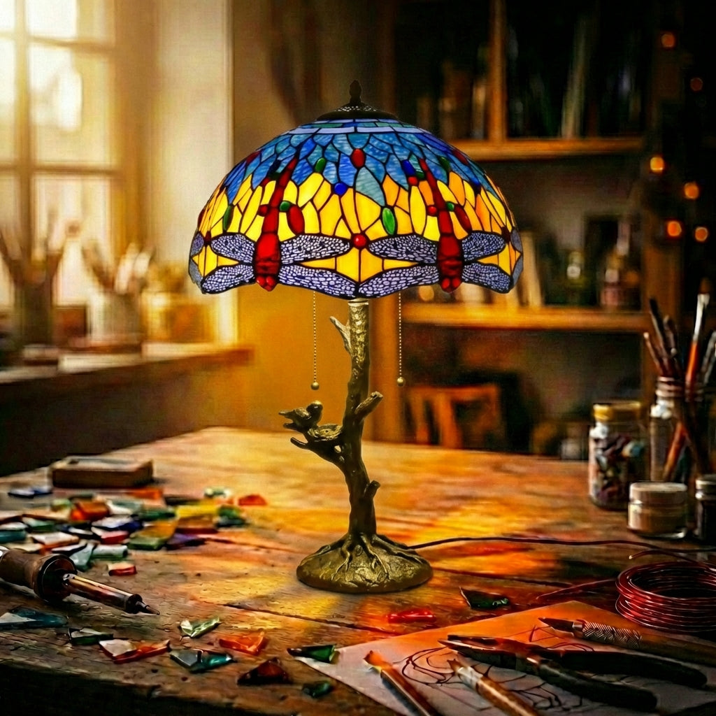 Stained Glass Dragonfly Table Lamp   Blue & Yellow