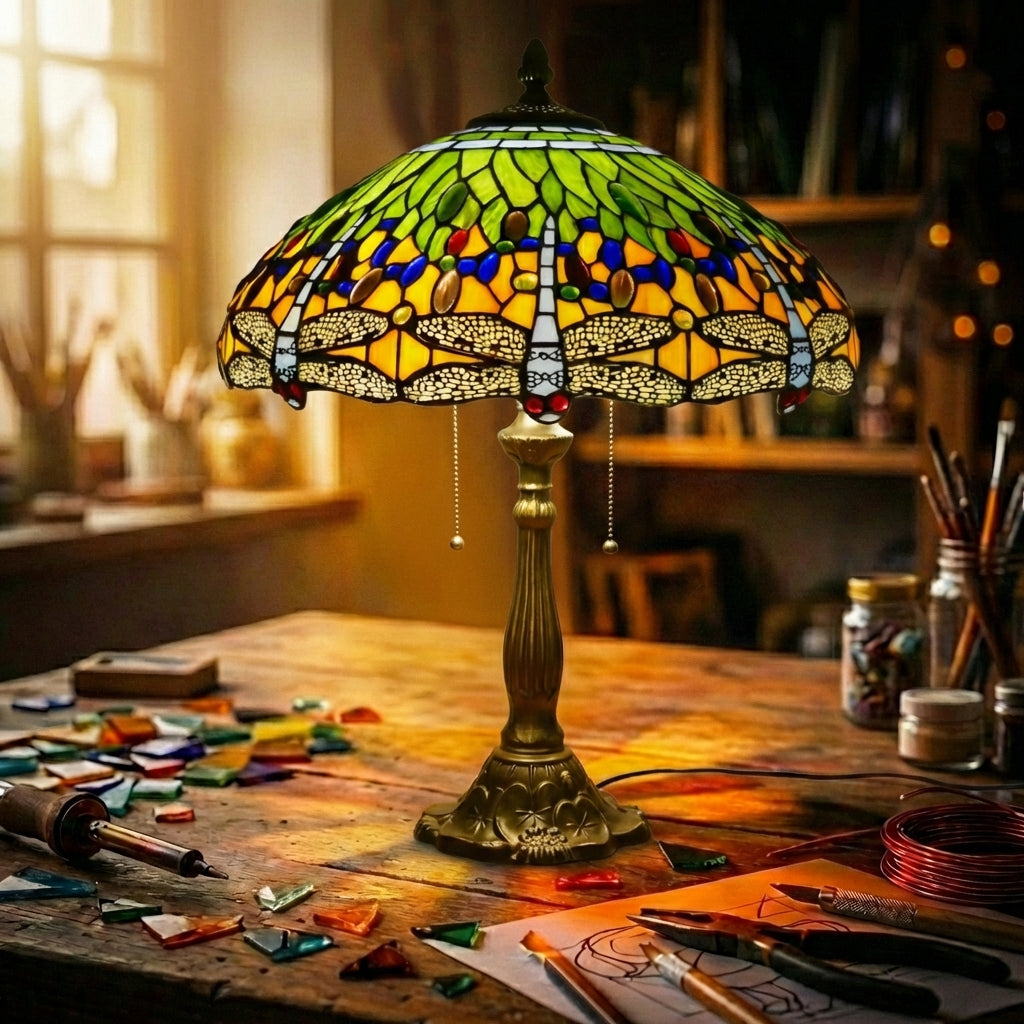 Stained Glass Dragonfly Table Lamp   Green & Yellow
