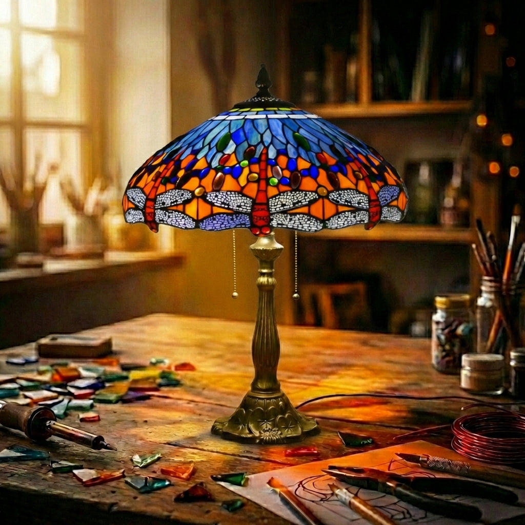 Stained Glass Dragonfly Table Lamp   Orange & Blue