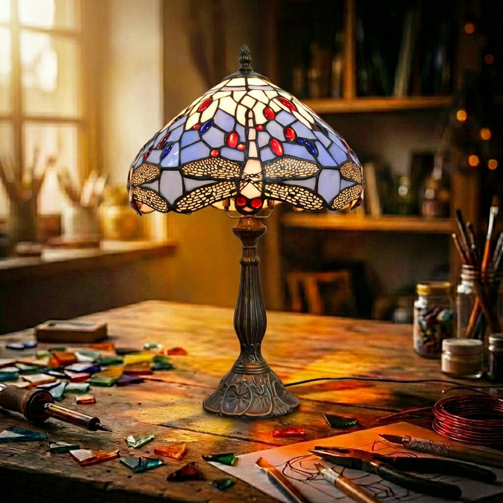 Stained Glass Dragonfly Table Lamp   Purple & Blue