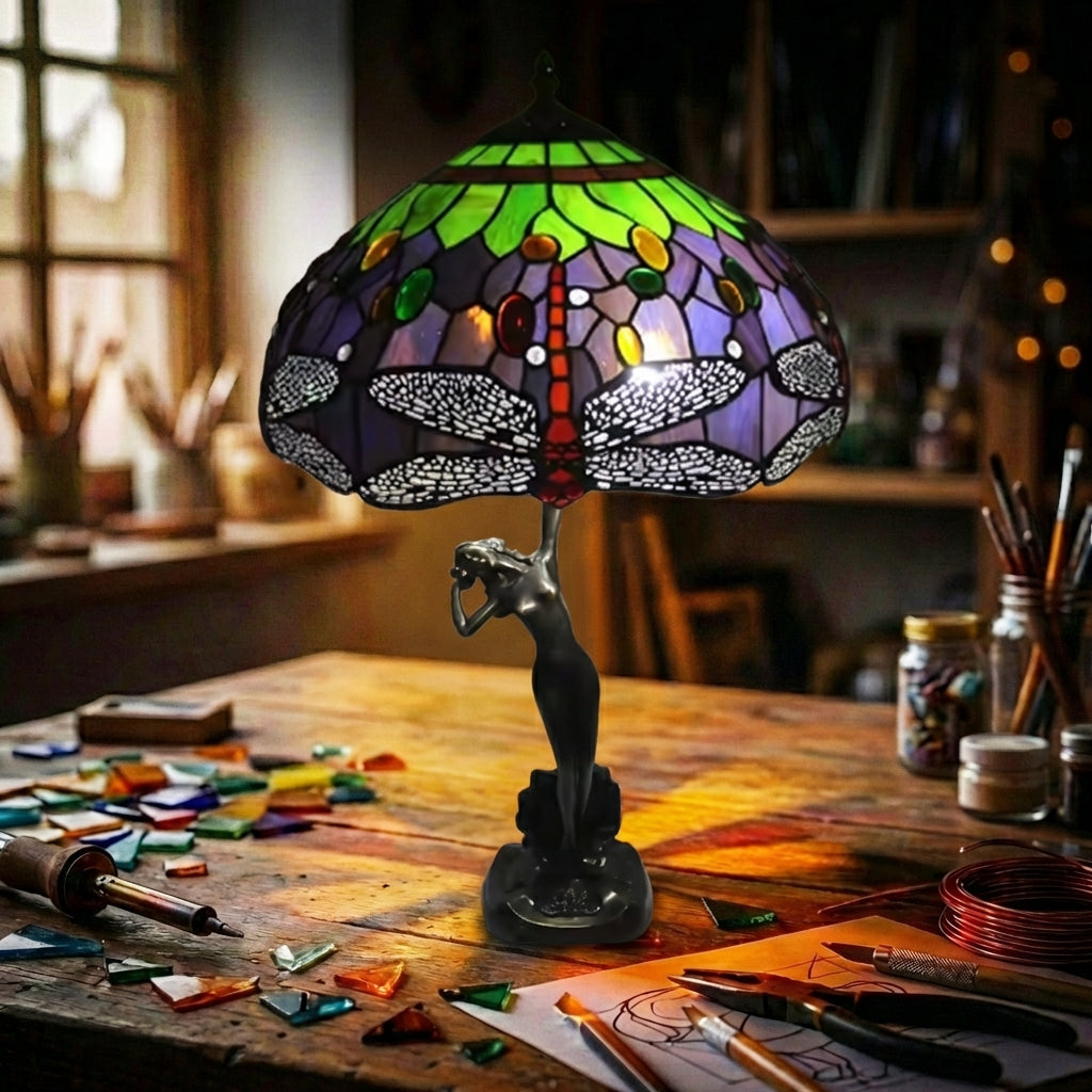 Stained Glass Dragonfly Table Lamp   Purple & Green