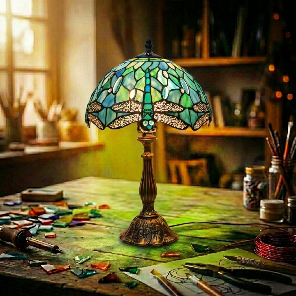 Stained Glass Dragonfly Table Lamp   Teal & Blue