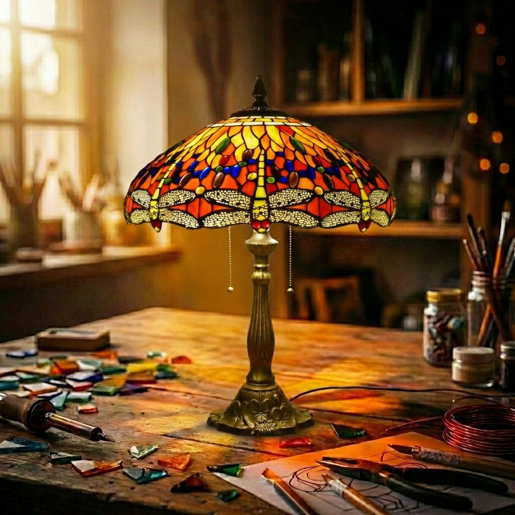Stained Glass Dragonfly Table Lamp   Warm Multicolor