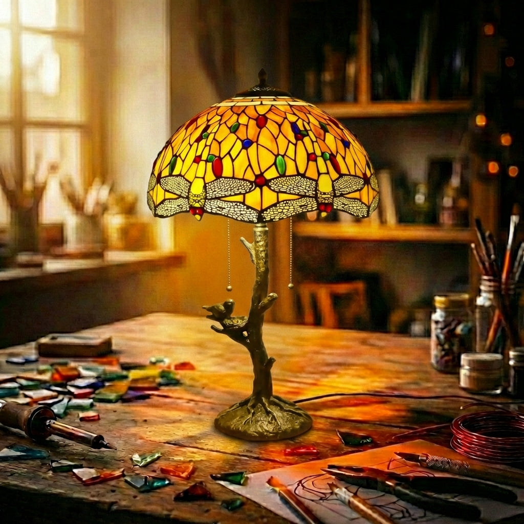 Stained Glass Dragonfly Table Lamp   Yellow Bird Base