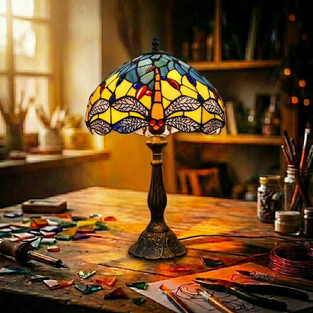 Stained Glass Dragonfly Table Lamp   Yellow & Blue