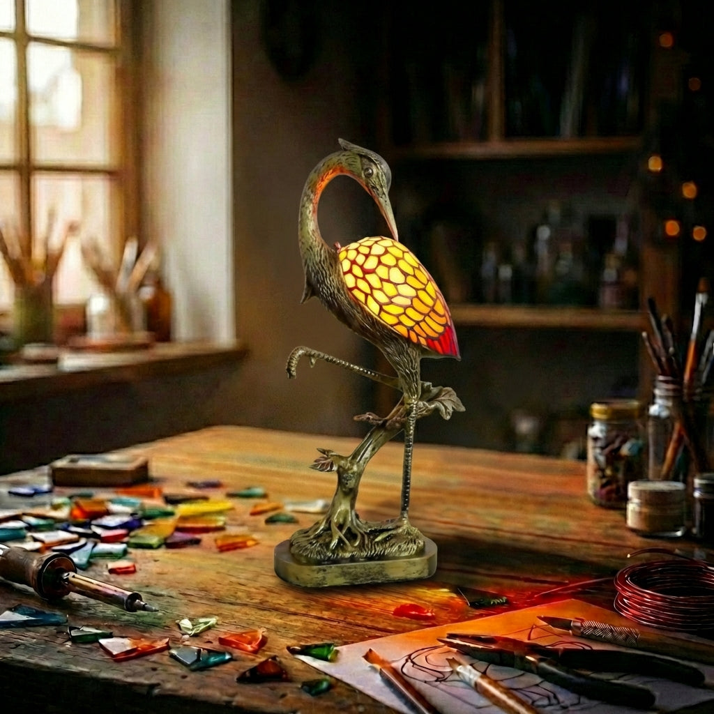Stained Glass Heron Bird Figurine Lamp   Amber