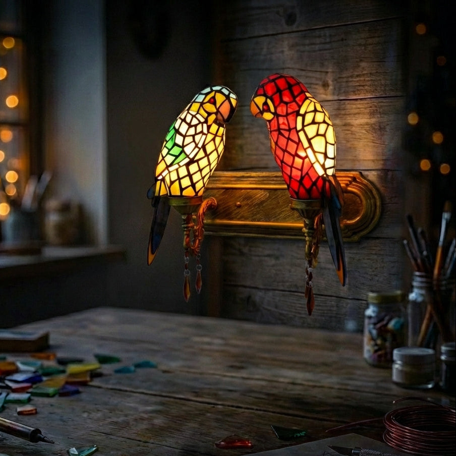 Stained Glass Parrot Pair Wall Sconce   Multicolor