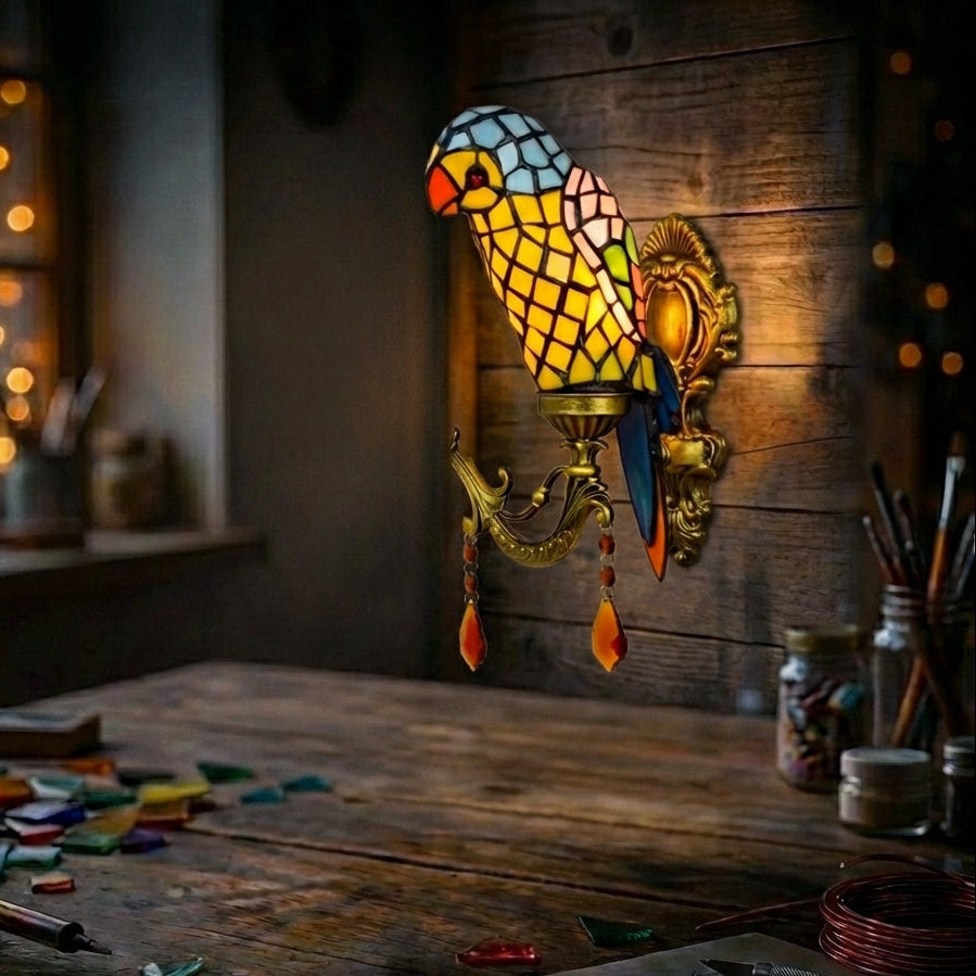 Stained Glass Parrot Wall Sconce   Yellow & Blue