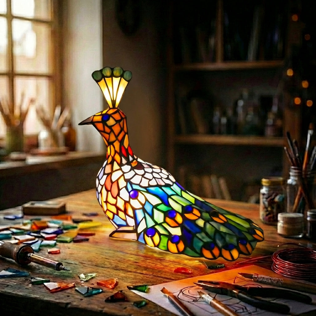 Stained Glass Peacock Figurine Lamp   Multicolor