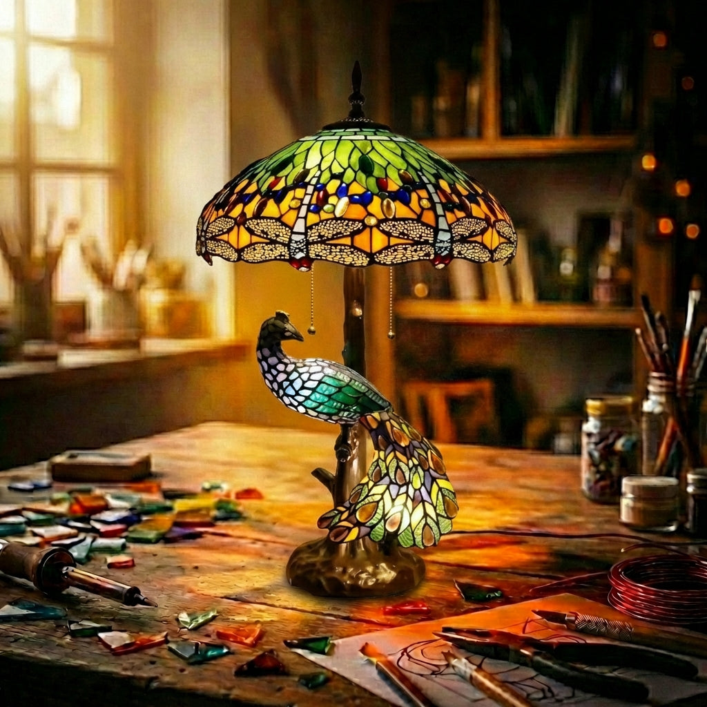 Stained Glass Peacock Table Lamp   Dragonfly Shade Yellow