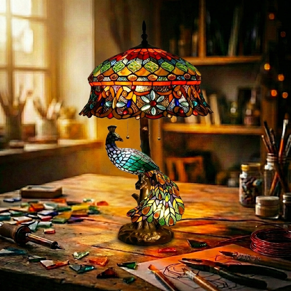Stained Glass Peacock Table Lamp   Floral Dome Multicolor
