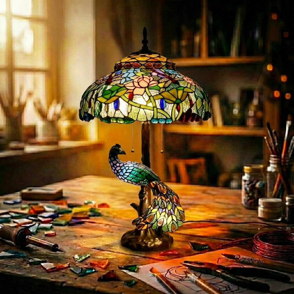 Stained Glass Peacock Table Lamp   Floral Dome Victorian