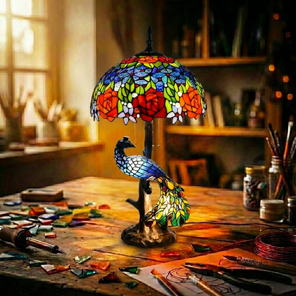 Stained Glass Peacock Table Lamp   Floral Shade Multicolor