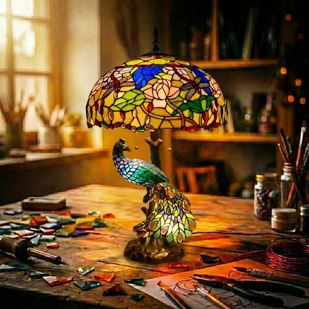 Stained Glass Peacock Table Lamp   Lotus & Dragonfly Multicolor