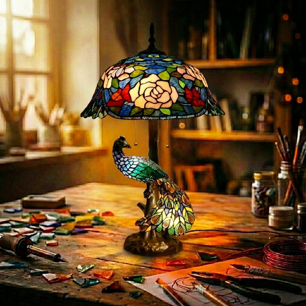 Stained Glass Peacock Table Lamp   Rose Shade Multicolor