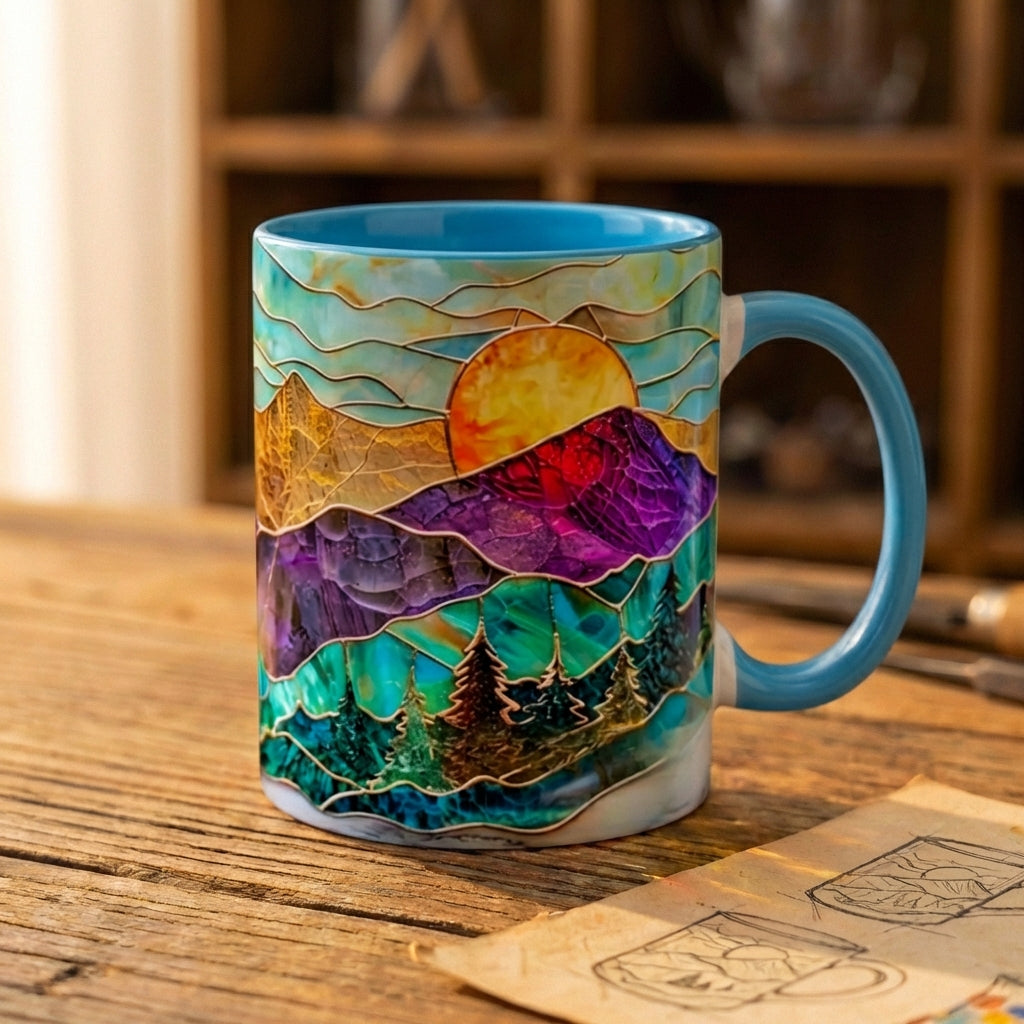 Teal Mountain Sunset Stained Glass Mug