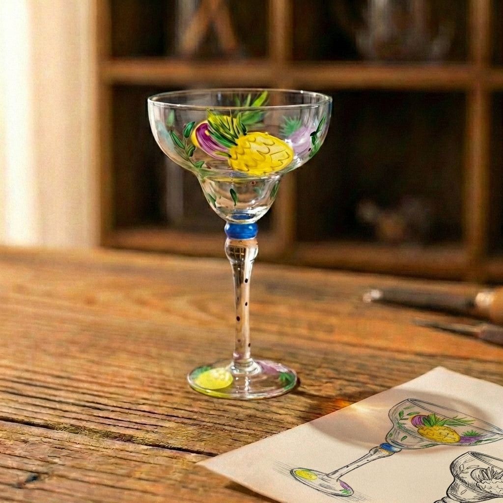 Tropical Pineapple Hand Painted Margarita Glass