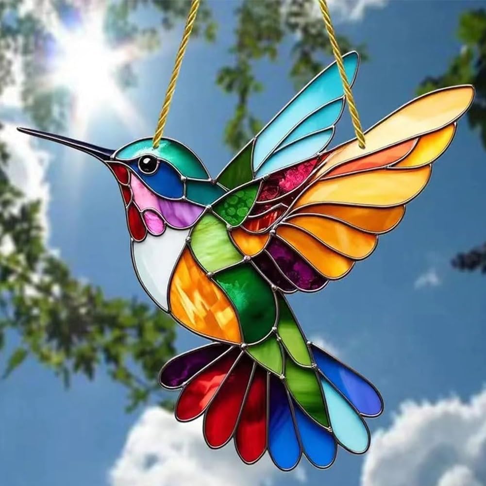Vibrant Hummingbird Stained Glass Art